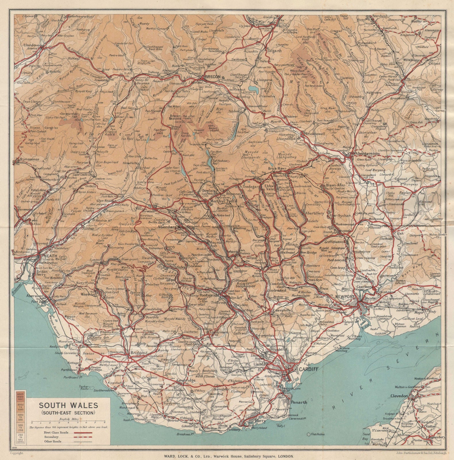 SOUTH WALES VALLEYS Cardiff Newport Neath Barry Bridgend Brecon Beacons 1938 map